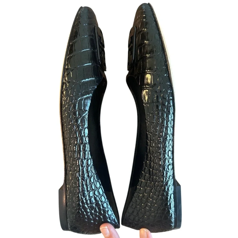Tory Burch Georgia Croc Patent Leather Square Toe Ballet Flats Black 8